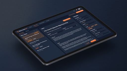 Newsroom247 editorial dashboard shown on a tablet in a dark blue, control-room aesthetic.